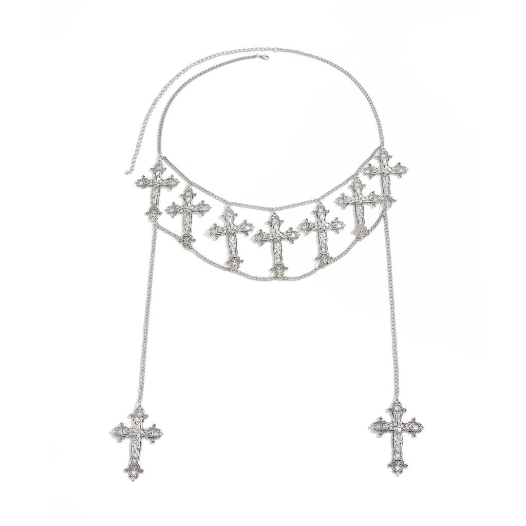 Gothic Halloween Cross Pendant Waist Chain, Punk Dark Metal Chain Body Chain
