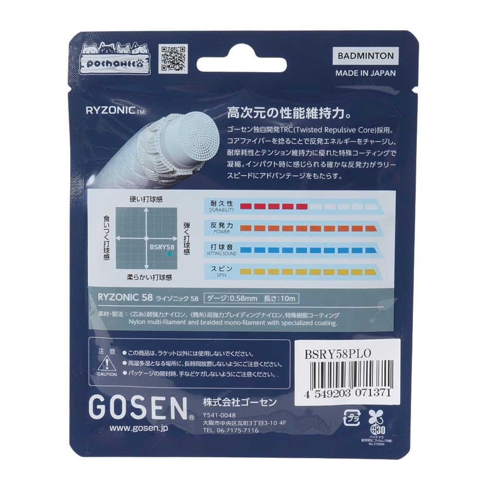 GOSEN RYZONIC 58 Badminton Limited Edition Chubby Cat Single BSRY58P String, Color, Design, String,