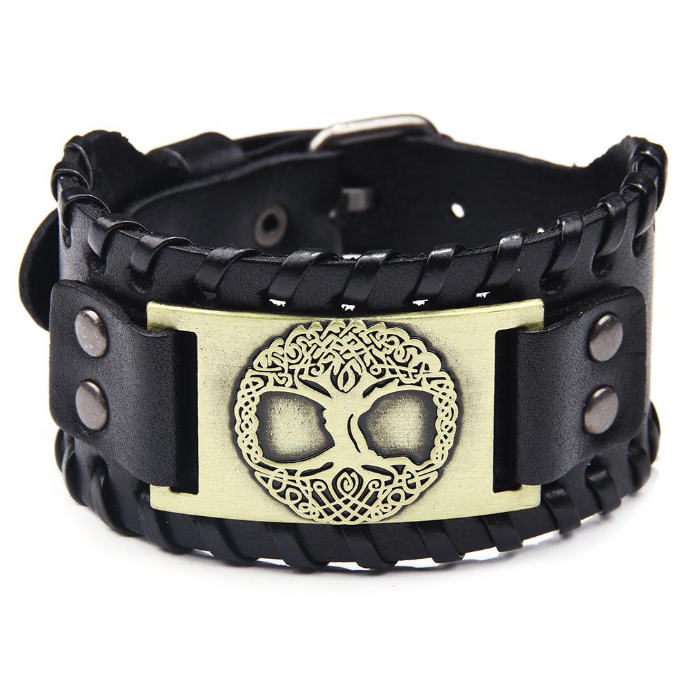 Life Tree Alloy Wide Leather Bracelet Mens Leather Jewelry