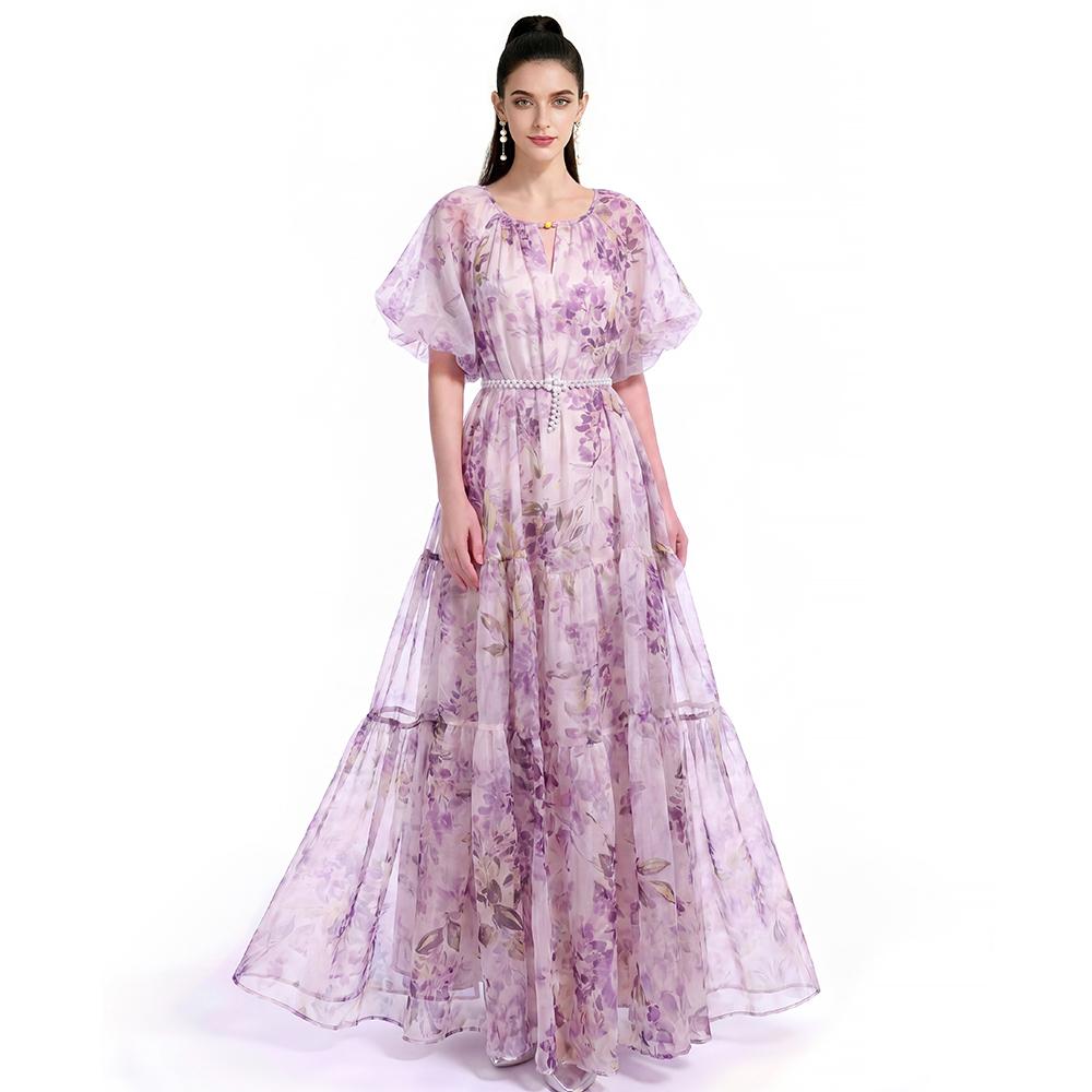 Summer Holiday Vacation Flower Print Long Maxi Dress Bohemian O-neck Short Sleeve High Waisted Chiffon Party Dresses Casual Robe