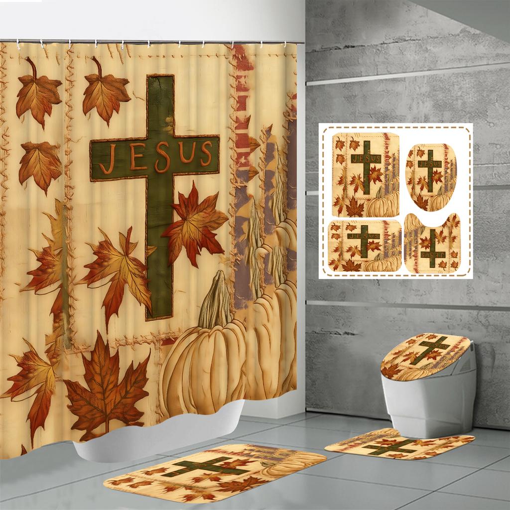 4PCS  Shower Curtain Sets With Shower Curtain And Rugs Toilet Lid Rug U Shape Mat And Bath Mat Bathroom Set  With 12 Hooks