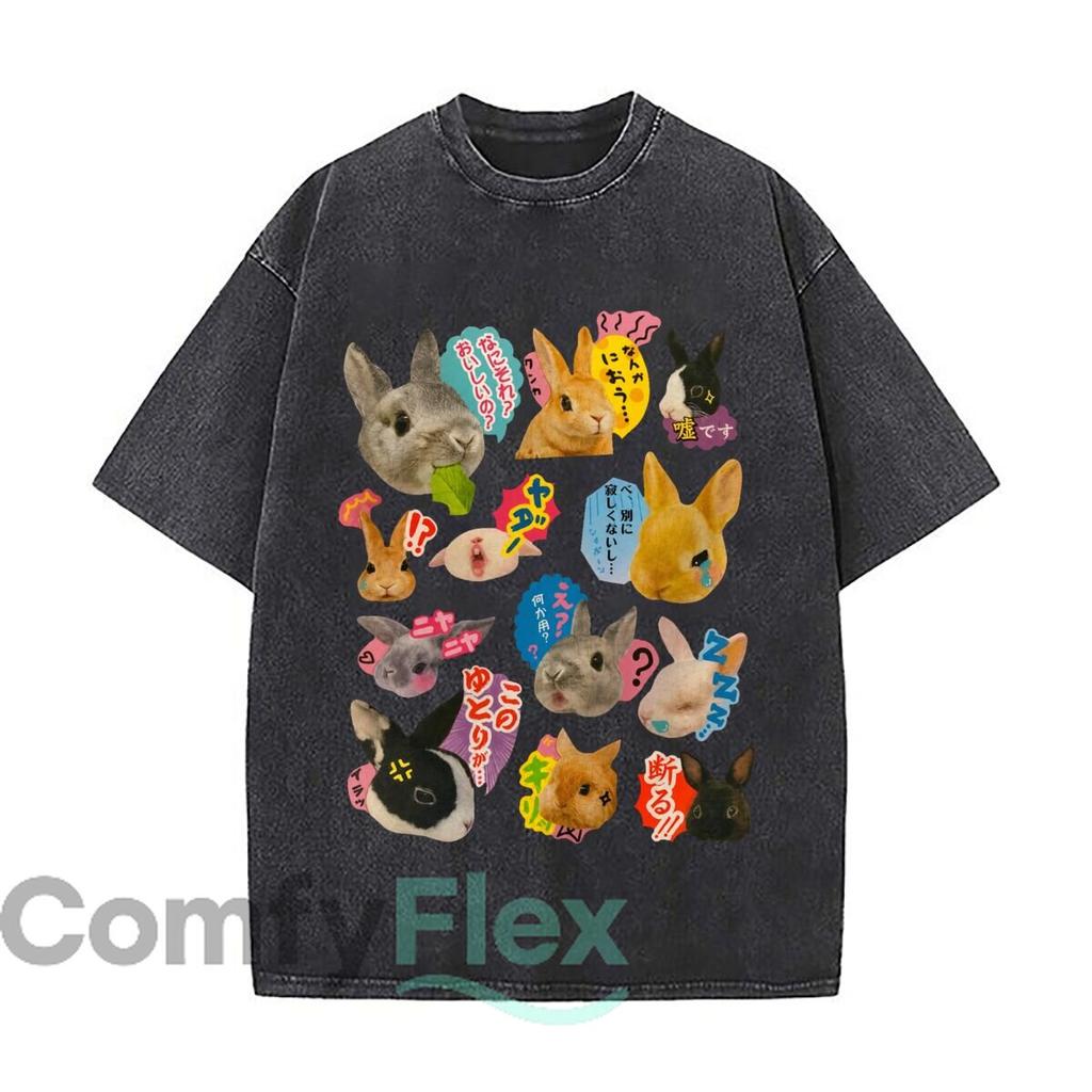Kawaii Rabbit Collage Japanese Manga Speech Bubbles Distressed Faded Baggy Streetwear Tops for Park Hangouts