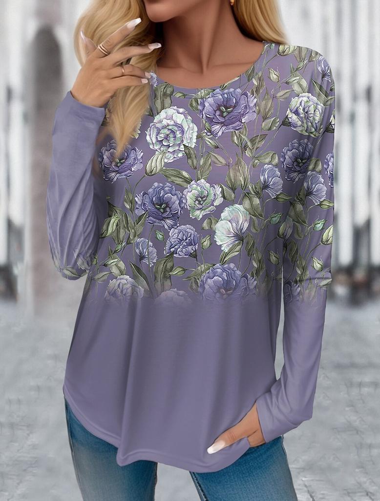 Damen T-Shirt mit 3D-Druck und Blumengrafik, Langarmshirts, Basic-Design, modischer Rundhalsausschnitt, normale Passform, Y2K-Sweatshirt für Mädchen