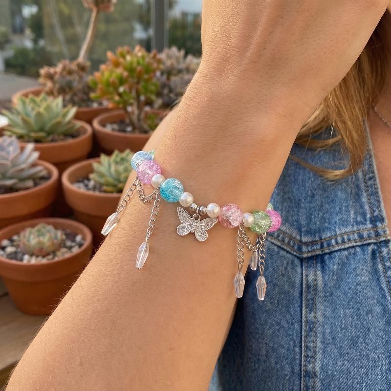 Korean Colorful Butterfly Bracelets Bead Tassel Bracelet For Women Fashion Sweet Versatile Accessory Wedding Birthday Jewelry