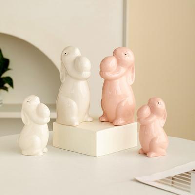 Easter Ceramic Bunny Figurine Holding Egg Look-up Rabbit Statue Sculpture Spring Easter Holiday Party Decoration Ornament