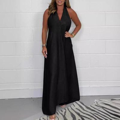 Spring Summer Women's Deep V-neck T-shaped Back Sleeveless Elegant Long Dress