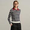 Women's 100% Wool Yangzi Knit Polo Collar Striped Retro Long Sleeve Sweater