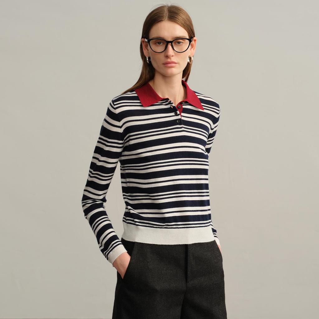 Women's 100% Wool Yangzi Knit Polo Collar Striped Retro Long Sleeve Sweater