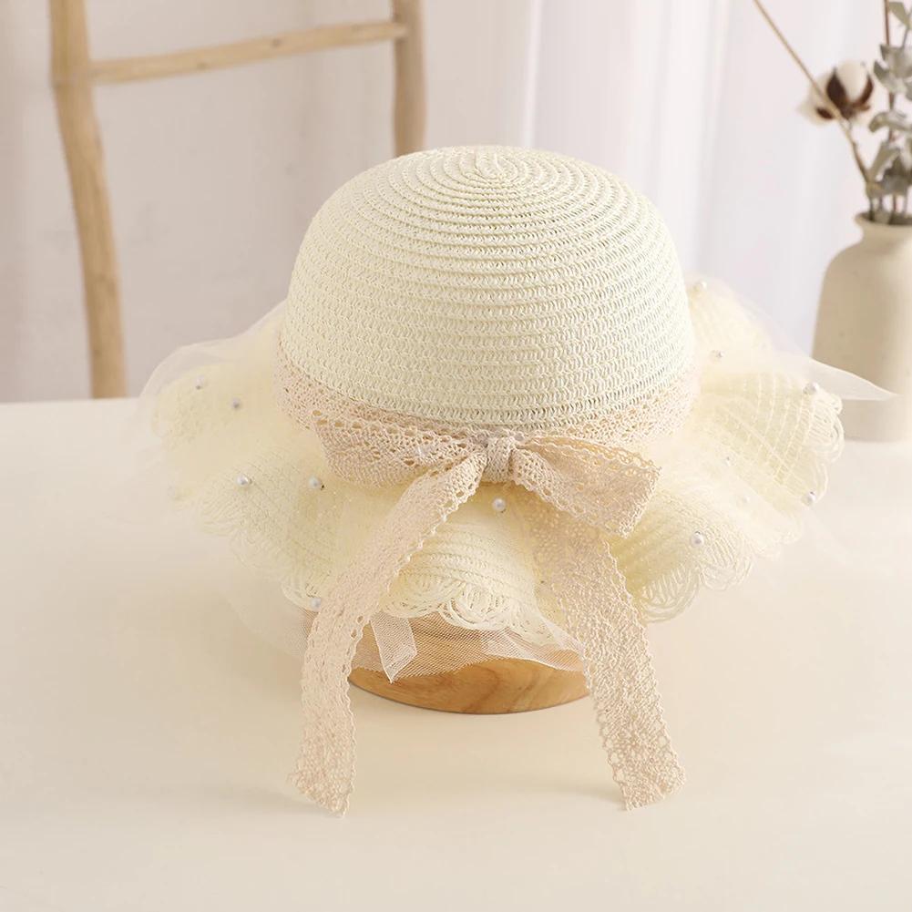 Elegant Summer Kids Straw Hat with Lace Wide Brim Cute Breathable Sun Hat Shoulder Bag for Girls Beach Outdoor Sunscreen