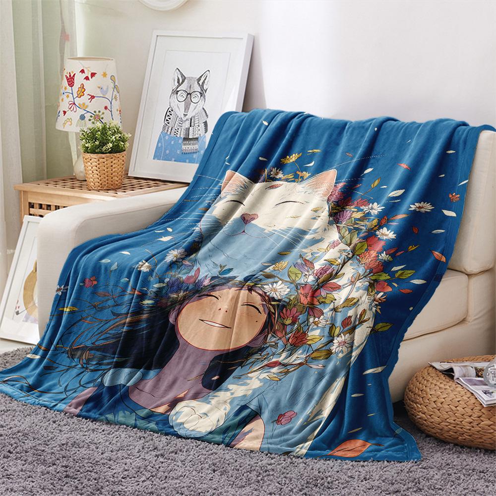 Cat Women Print Flannel Blanket, High quality Comfortable for All Seasons, Home Decor, Warmth and Comfort