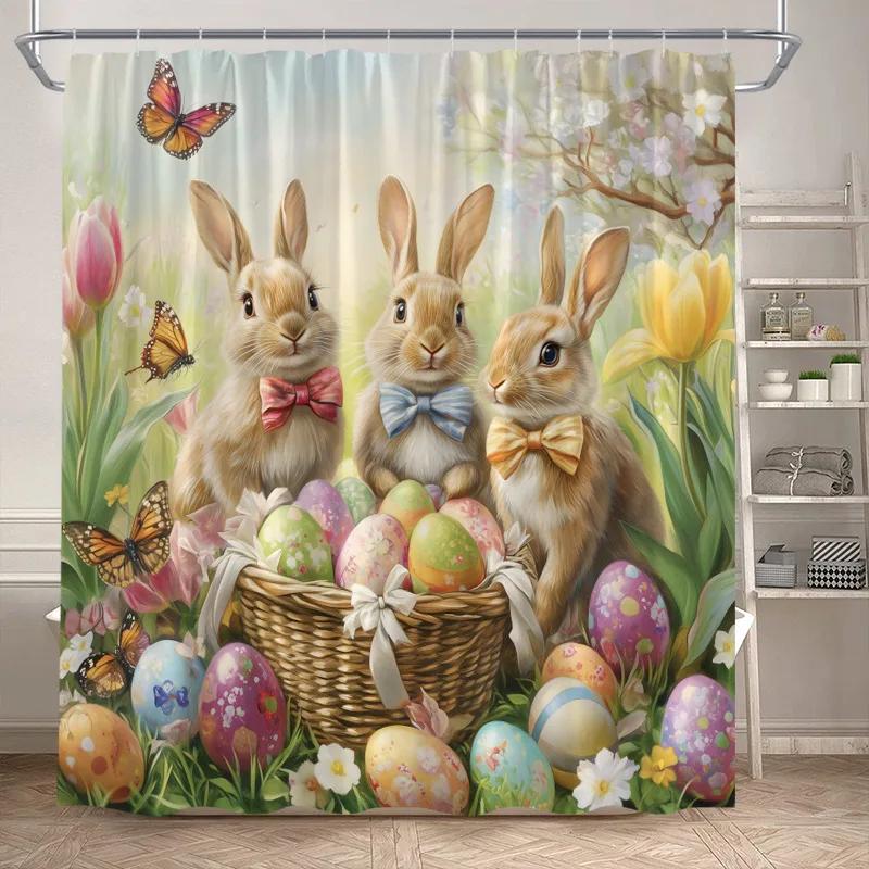 Funny Easter Shower Curtains Cute Cat Rabbit Eggs Butterfly Tulip Flowers Rustic Fabric Home Bathroom Curtain Decor With Hooks
