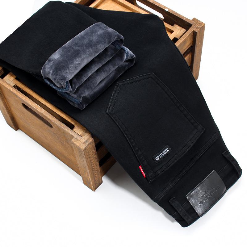 Autumn And Winter Plus Velvet Thick Warm Men'S Mid High Waist Straight Leg Jeans Men'S Pants Trendy Jeans
