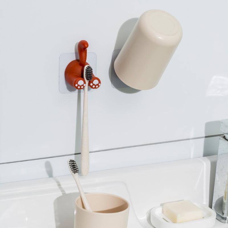 Cartoon Animal Tail Toothbrush Holder Punch-Free Wall Hook Cute Self-Adhesive Bathroom Towel Hook Children Toothbrush Holder