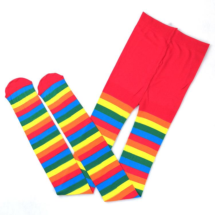 Regenbogen-gestreifte Strumpfhose für Damen Tanzparty Festival Strumpfhose Damen Hoch elastisch Lange Socken Bunter Komfort Kniestrümpfe One Size red