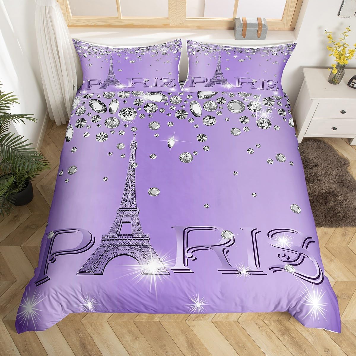 Monika Chen Unisex Blue Watercolor Sequin Duvet Cover Queen King Size Girls Teen Bedding Set Eiffel Tower Ombre Diamond Quilt Cover Home Decor