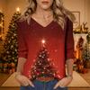 Women's Christmas Print V-Neck 3/4 Sleeve Loose Fit Casual Blouse Shirt Top