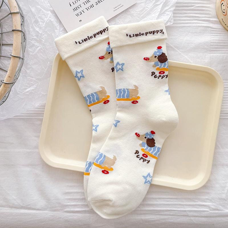 Female Spring and Autumn Cartoon Dog Cute Illustration White Loose Mouth Tube Cotton Socks
