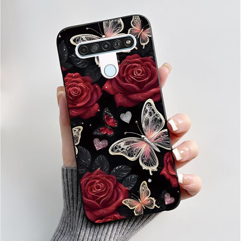 For LG Q61 LM-Q630N Slim Black Soft Silicone Case Luxury Fashion Flower Butterfly Painted Cover for LG K61 Q61 Q 61 Phone Casing