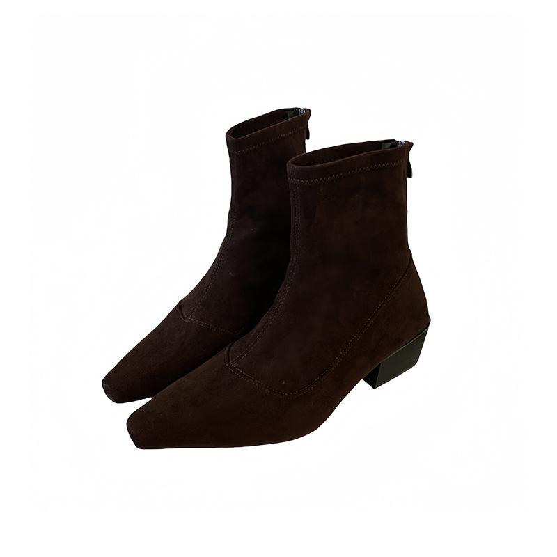 2025 Autumn and Winter New French Retro Thick and Small Short Boots Women's Autumn and Winter Pointed Rear Zipper Short Commuter Short Boots