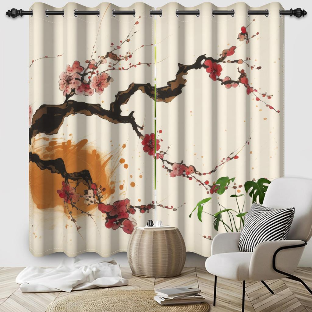 2pcs/Set Cherry Blossom Window Curtain Japanese Scenery Mount Fuji Sun Bedroom Living Room Polyester Blackout Soundproof Curtain