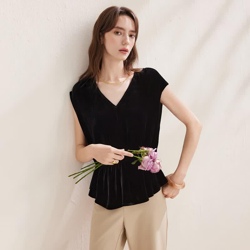 Women's V-Neck Velvet Texture Short Sleeve Top