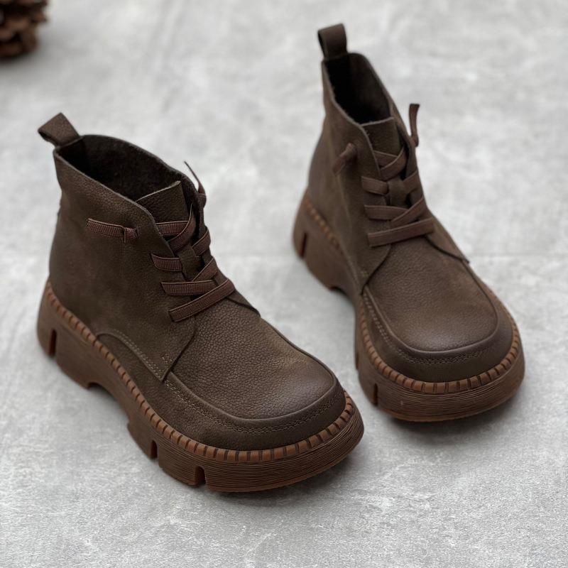 Casual Sneakers Women Genuine Leather Round Toe Lace-up High Top Ladies Retro Fashion Flat Shoes Handmade Women's Ankle Boots