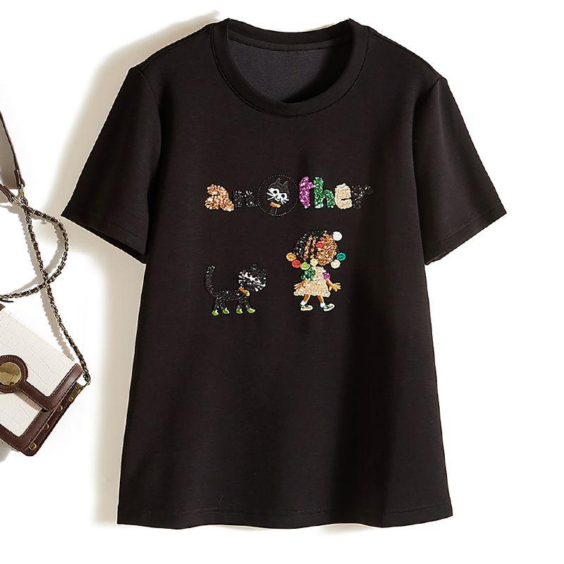 

Three-Dimensional Embroidered Cartoon Pattern! Dynamic Women s Summer Stretch Cotton Short Sleeve Pullover T-shirt Huge Easiest for Match Black L