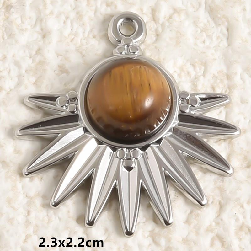 2pcs Vintage Tiger Eye Pendant Sun Oval Round Silver Color Stainless Steel Charms For Jewelry Making Supplies Real Natural Stone