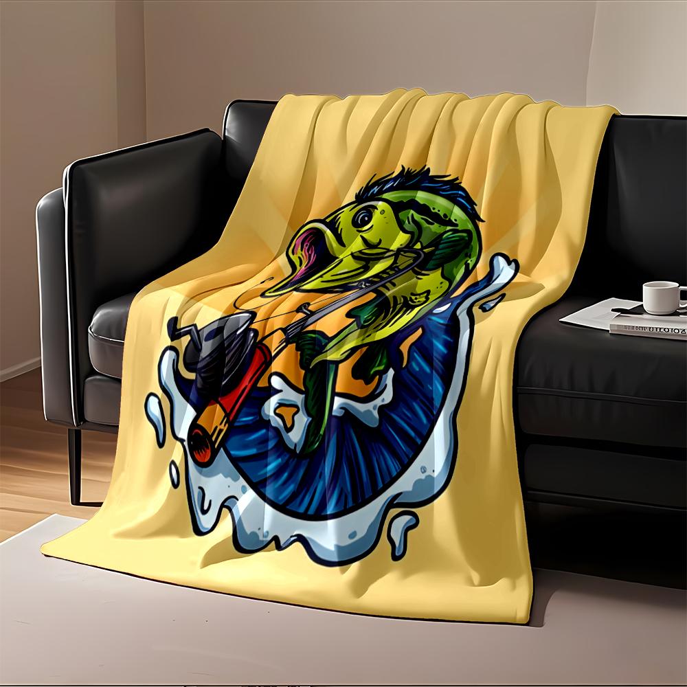 Colorful Cartoon Bass Fish with Fishing Rod Flannel Blanket for Bedroom, Living Room, Sofa, and Nap Sofas