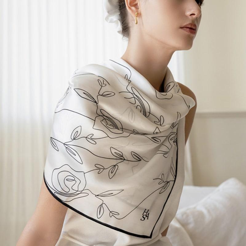 HAS HDM025 Rose Drawing Pattern Square Silk 100% Scarf