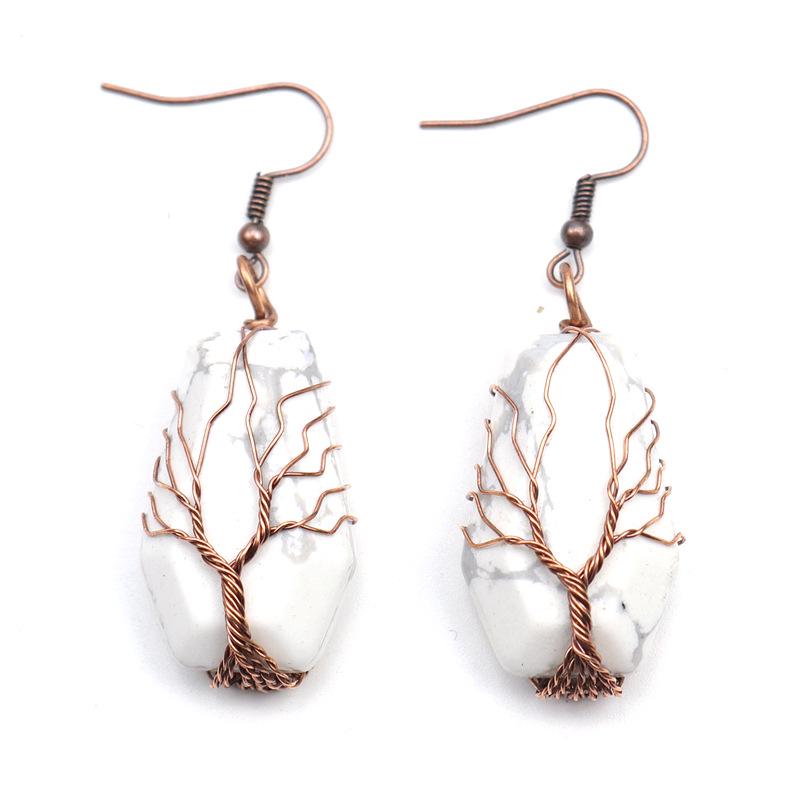 Handmade Agate Coffin Board Tree of Life Earrings - Natural Stone Crystal Dangle for Wealth and Harmony.