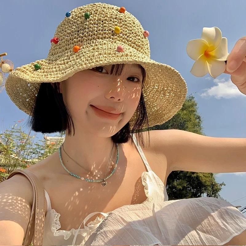 Hyunya Wind Colored Wood Beads Straw Hat Women's Summer Hollow Big Brim Sunshade Sunscreen Hat Foldable Fisherman Hat Tide