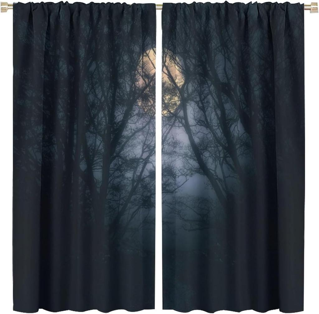 Gothic Dark Misty Forest Curtains Mysterious Horror Foggy Dim Dead Jungle Under Strange Bright Moon Thermal Insulation Blackout Made Of Polyester