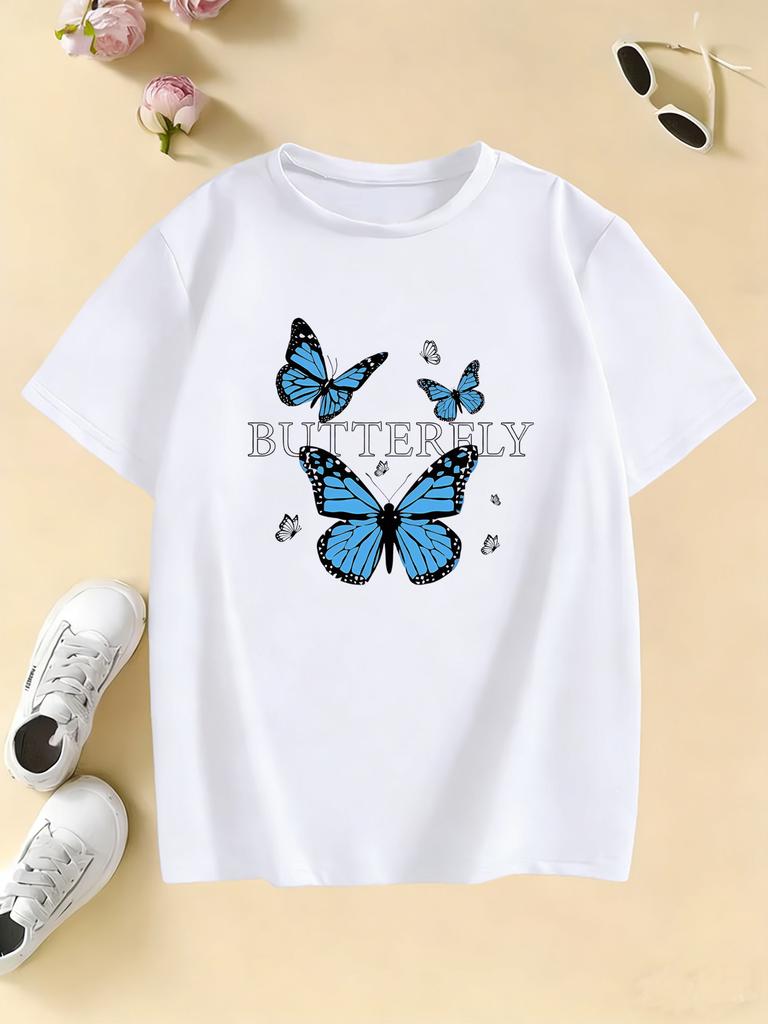 Girls Blue Butterfly Fashion Design T Shirts Kids Childrens Tshirt Boys Girls Summer Spring Casual Top Tee