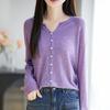 2026 Spring/Autumn Women's V-Neck Fine Wool Knit Cardigan - Long Sleeve, Solid Color, Loose Fit
