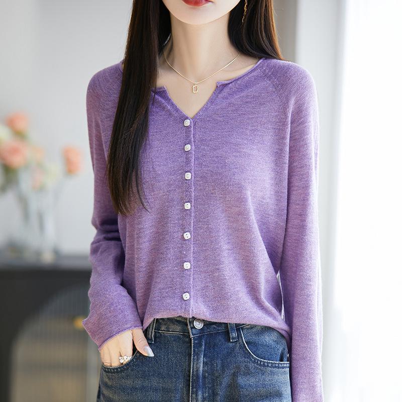 2026 Spring/Autumn Women's V-Neck Fine Wool Knit Cardigan - Long Sleeve, Solid Color, Loose Fit