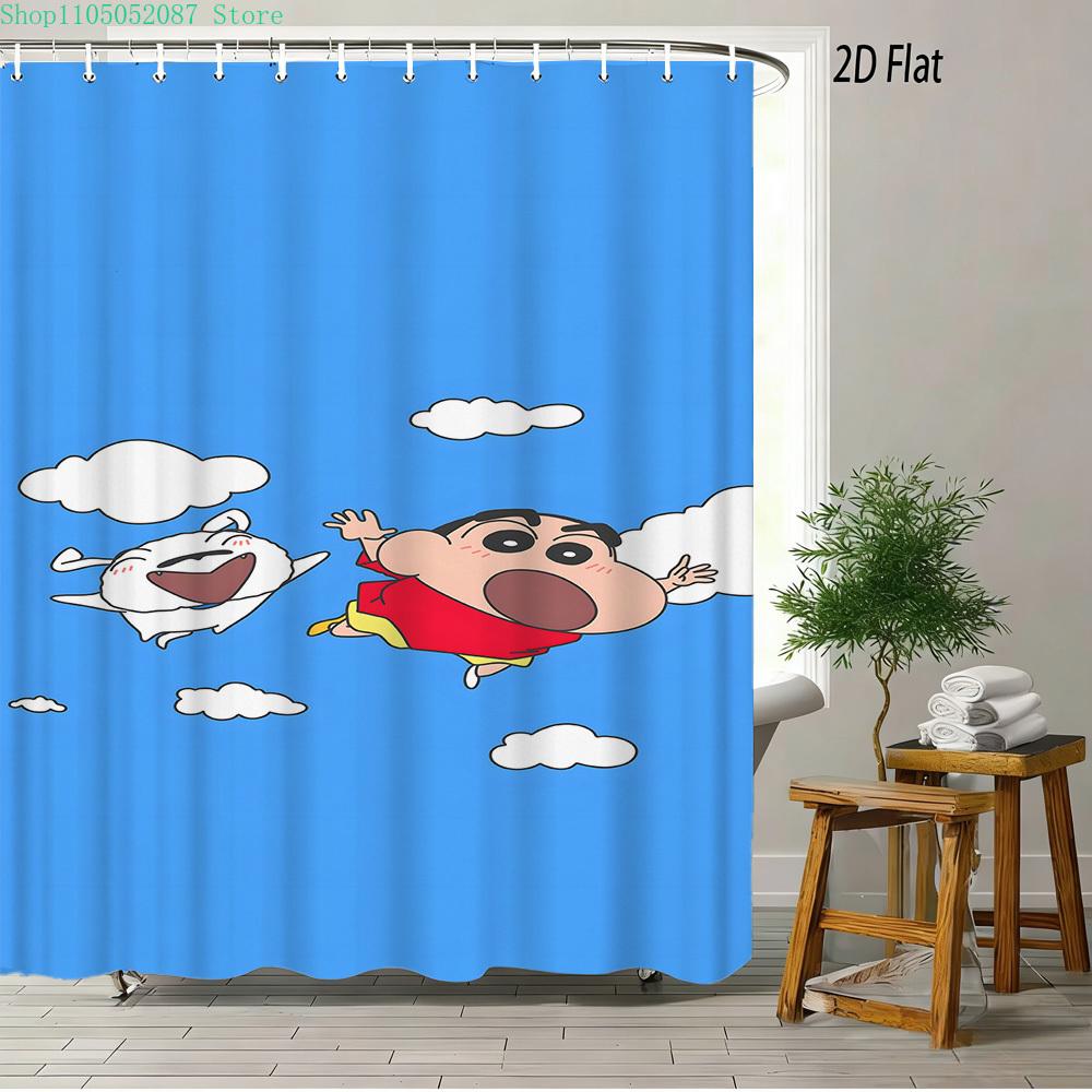 Crayon Shin-Chan & Friends Adventure 2D Print Waterproof Shower Curtain, Anime Bathroom Decor With Hooks