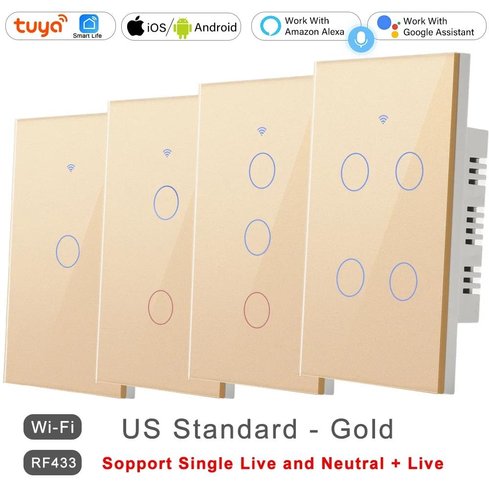 

WiFi Tuya RF for Lights Australia US BR IL Alexa 220V 1 2 3 4 Gang Smart Remote Control Touch Light Switch Neutral + Live Wire 1-Gang золотий