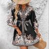 Women's V Neck Long Bubble Sleeve Paisley Print Mini Dress Slim Fit Mid Waist A-Line Dress