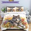 3pcs Gray Wolf Amidst a Field of Colorful Flowers Printed Duvet Cover Set (1 * Cover+2 * Pillowcase, Without Core), Suitable for Home Bedroom, Gu