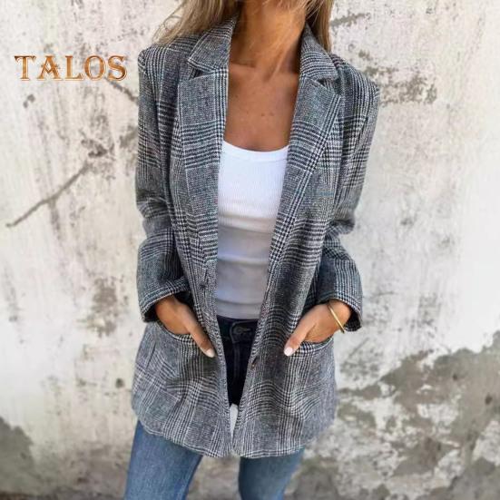 Dressjakke for kvinner Lapel Langermet Houndstooth Print Single-Breasted Cardigan Style Dressjakke med klafflommer Løs passform Business Yttertøy