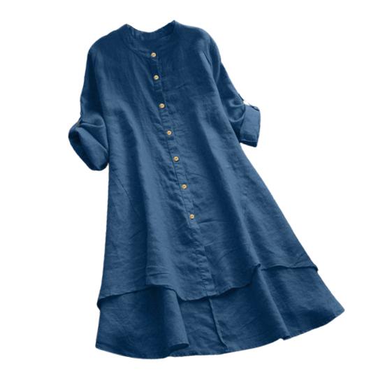Scollo a O Bottoni Maniche Arrotolabili Orlo Asimmetrico Camicia da Donna Estiva Monocolore Lunghezza Media Sottile Abbigliamento Femminile