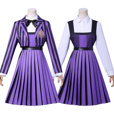Yimeng Addams Family Wednesday Purple Striped School Uniform Costume for Kids and Adults