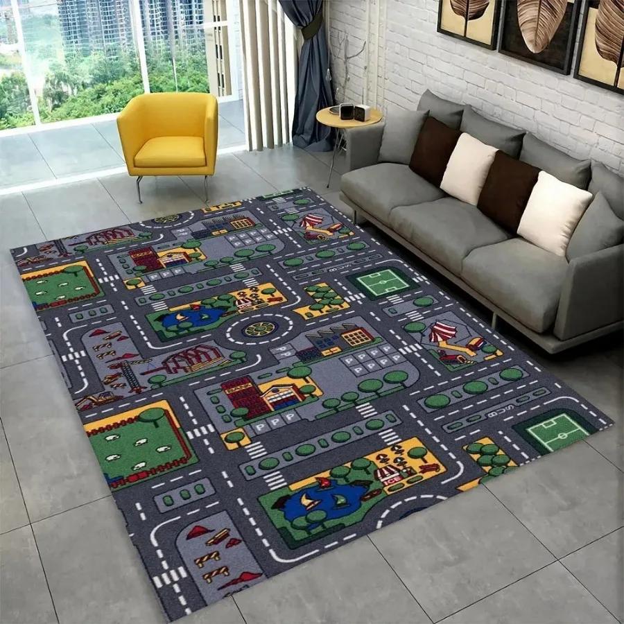 Interactive Highway City Traffic Floor Mat Large Non-Slip Carpet for Playroom Living Room Fun Rug Kids' Bedroom Play Area Decor
