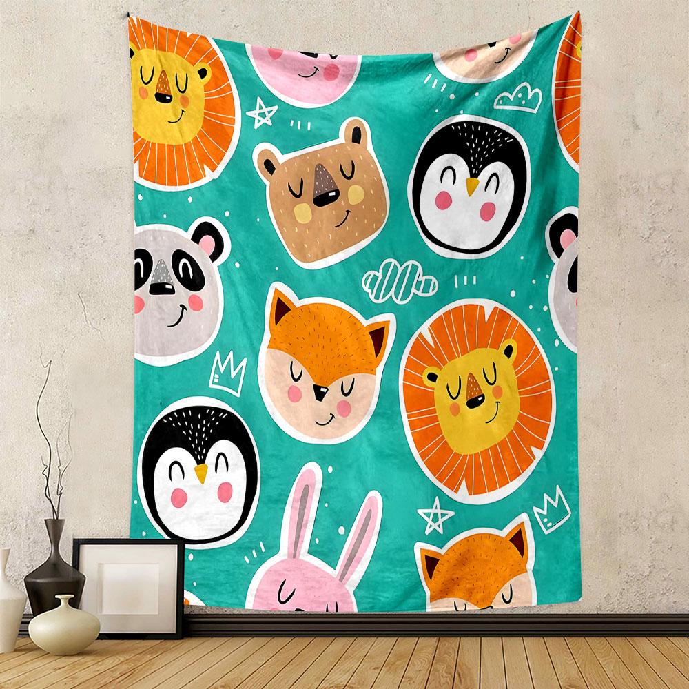 Cute Cartoon Animals on Turquoise Background Patterned Tapestry Decorative Wall Hanging, Home Bedroom Living Room Decor