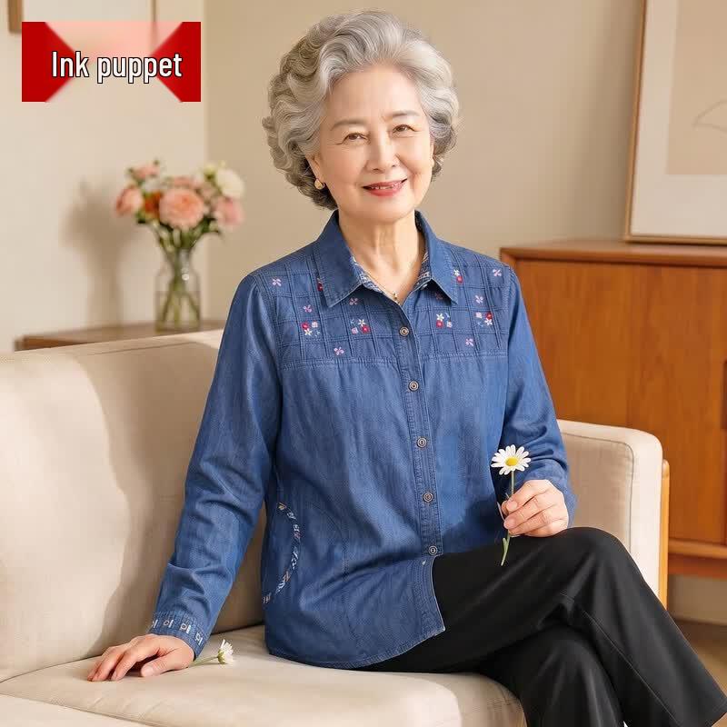 Moou Elderly Women s Summer Embroidered Denim Long-Sleeve Shirt XL
