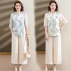 2026 Summer Women's Floral Short-Sleeve Top & Wide-Leg Pants Set for Middle-Aged and Elderly