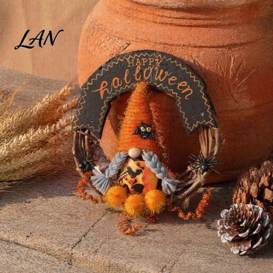 Holiday Hanging Ornament Halloween Gnome Rattern Wreath, Handmade Decoration with Spider And Tinsel Accents, Front Porch Decor Wreath for Door