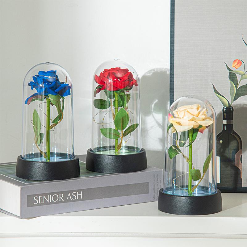 Artificial Rose Flowers Eternal Flower In Glass Cover Rose Light Wedding Birthday Gift Valentine'S Day Luminescence Ornaments