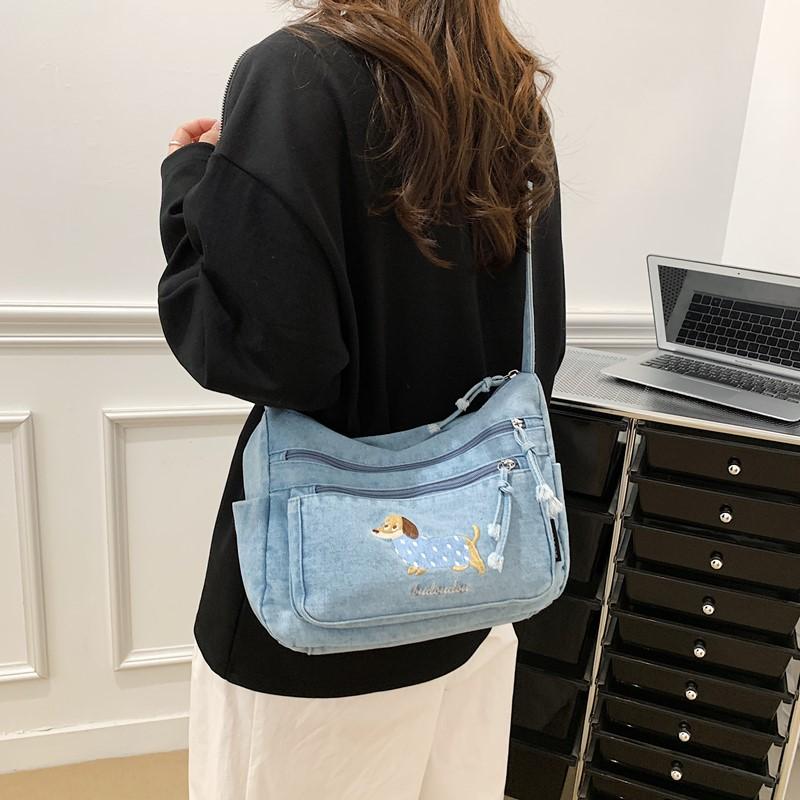 Denim Vintage Shoulder Bag Women Embroidered Cat Crossbody Bag